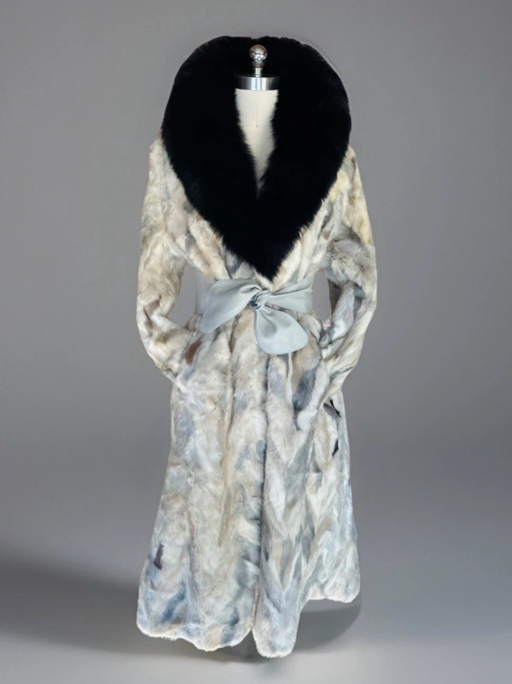 UNIQUE & ELEGANT Genuine PALE MARBLED MINK & BLACK FOX FUR Coat Full Length